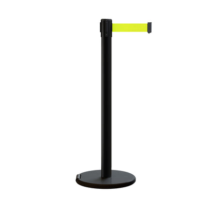 Retractable Belt Barrier Stanchion, Rolling Base, Black Steel Post, 7.5 ft Belt - Montour Line ME630