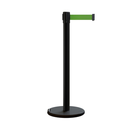 Retractable Belt Barrier Stanchion, Rolling Base, Black Steel Post, 7.5 ft Belt - Montour Line ME630