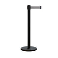 Retractable Belt Barrier Stanchion, Rolling Base, Black Steel Post, 9 ft Belt - Montour Line ME630