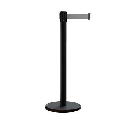 Retractable Belt Barrier Stanchion, Rolling Base, Black Steel Post, 7.5 ft Belt - Montour Line ME630