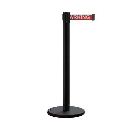Retractable Belt Barrier Stanchion, Rolling Base, Black Steel Post, 7.5 ft Belt - Montour Line ME630