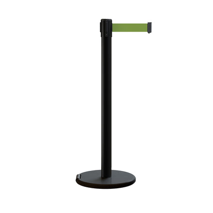 Retractable Belt Barrier Stanchion, Rolling Base, Black Steel Post, 7.5 ft Belt - Montour Line ME630