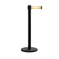 Retractable Belt Barrier Stanchion, Rolling Base, Black Steel Post, 7.5 ft Belt - Montour Line ME630