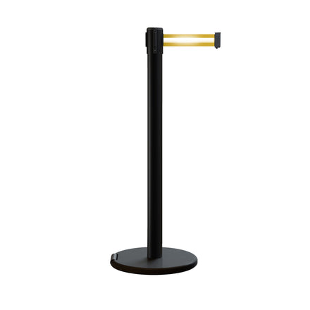 Retractable Belt Barrier Stanchion, Rolling Base, Black Steel Post, 7.5 ft Belt - Montour Line ME630