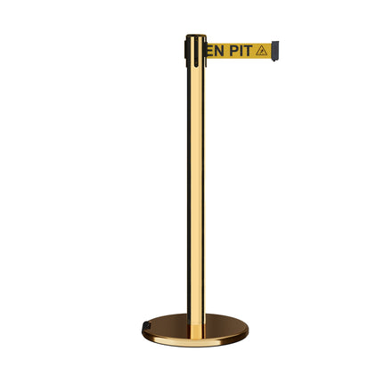 Retractable Belt Barrier Stanchion, Rolling Base, Polished Brass Post, 11 ft Belt - Montour Line ME630