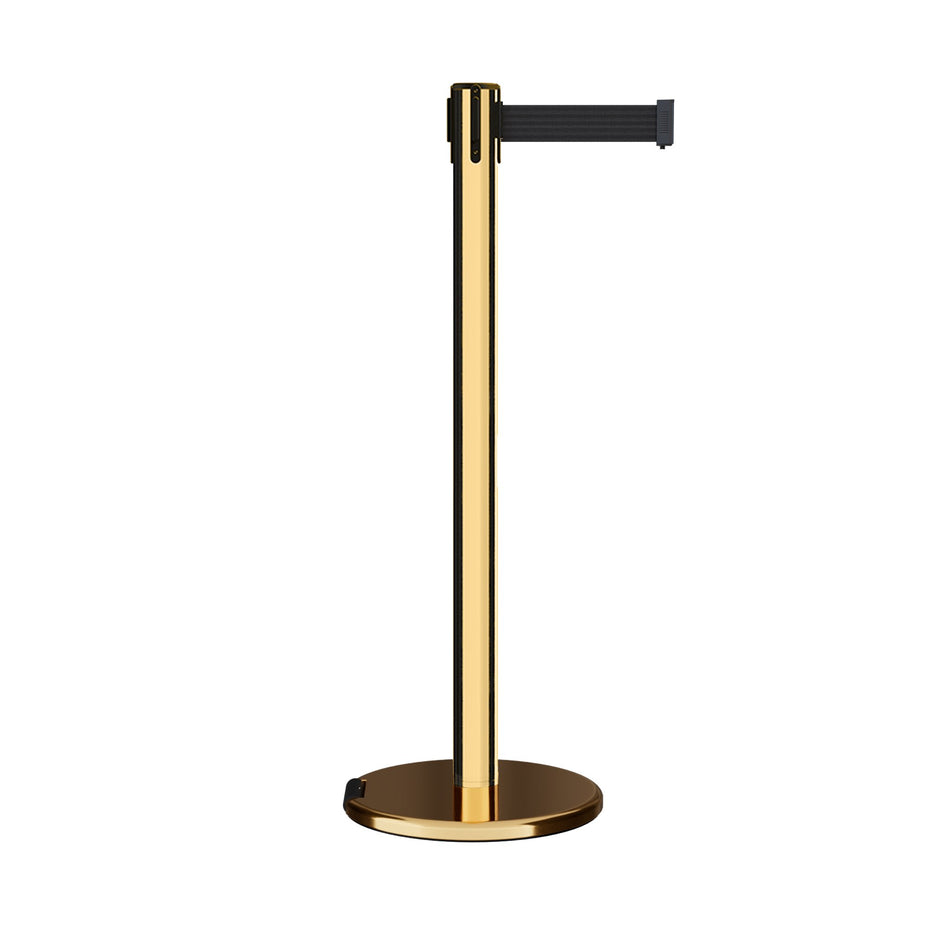 Retractable Belt Barrier Stanchion, Rolling Base, Polished Brass Post, 11 ft Belt - Montour Line ME630