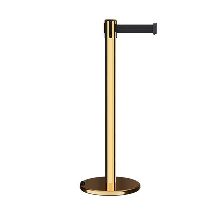Retractable Belt Barrier Stanchion, Rolling Base, Polished Brass Post, 11 ft Belt - Montour Line ME630