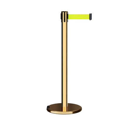 Retractable Belt Barrier Stanchion, Rolling Base, Polished Brass Post, 11 ft Belt - Montour Line ME630