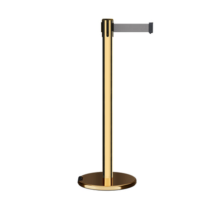 Retractable Belt Barrier Stanchion, Rolling Base, Polished Brass Post, 11 ft Belt - Montour Line ME630