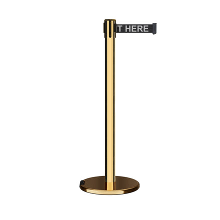 Retractable Belt Barrier Stanchion, Rolling Base, Polished Brass Post, 11 ft Belt - Montour Line ME630