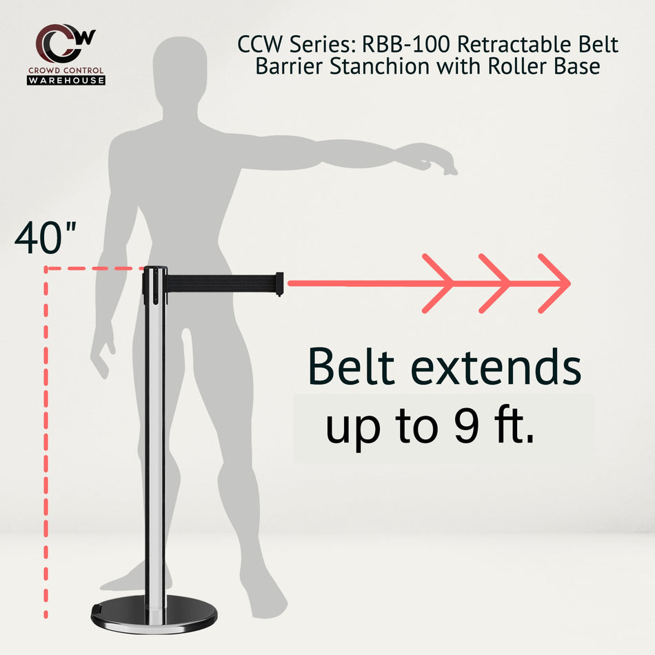 Retractable Belt Barrier Stanchion, Rolling Base, Polished Stainless Steel Post, 9 ft Belt - Montour Line ME630
