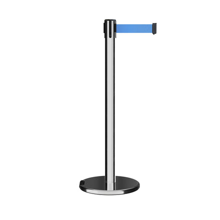 Retractable Belt Barrier Stanchion, Rolling Base, Polished Stainless Steel Post, 9 ft Belt - Montour Line ME630
