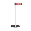 Retractable Belt Barrier Stanchion, Rolling Base, Polished Stainless Steel Post, 9 ft Belt - Montour Line ME630