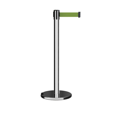 Retractable Belt Barrier Stanchion, Rolling Base, Polished Stainless Steel Post, 9 ft Belt - Montour Line ME630