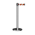 Retractable Belt Barrier Stanchion, Rolling Base, Polished Stainless Steel Post, 9 ft Belt - Montour Line ME630