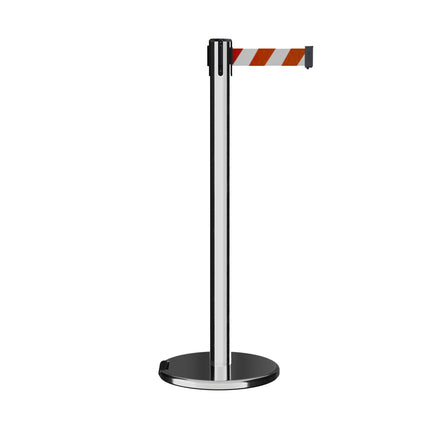 Retractable Belt Barrier Stanchion, Rolling Base, Polished Stainless Steel Post, 9 ft Belt - Montour Line ME630