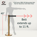 Retractable Belt Barrier Stanchion, Rolling Base, Satin Brass Post, 11 ft Belt - Montour Line ME630
