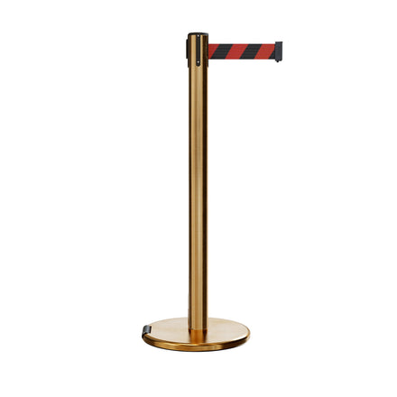 Retractable Belt Barrier Stanchion, Rolling Base, Satin Brass Post, 7.5 ft Belt - Montour Line ME630