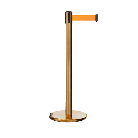 Retractable Belt Barrier Stanchion, Rolling Base, Satin Brass Post, 9 ft Belt - Montour Line ME630