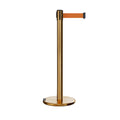 Retractable Belt Barrier Stanchion, Rolling Base, Satin Brass Post, 7.5 ft Belt - Montour Line ME630