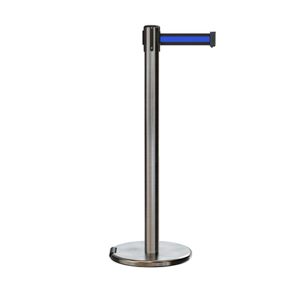 Retractable Belt Barrier Stanchion, Rolling Base, Satin Stainless Steel Post, 9 ft Belt - Montour Line ME630