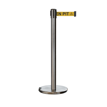 Retractable Belt Barrier Stanchion, Rolling Base, Satin Stainless Steel Post, 9 ft Belt - Montour Line ME630