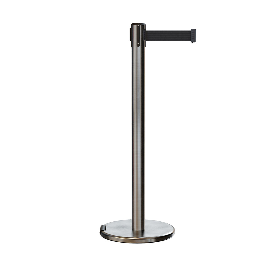 Retractable Belt Barrier Stanchion, Rolling Base, Satin Stainless Steel Post, 9 ft Belt - Montour Line ME630