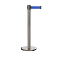 Retractable Belt Barrier Stanchion, Rolling Base, Satin Stainless Steel Post, 9 ft Belt - Montour Line ME630
