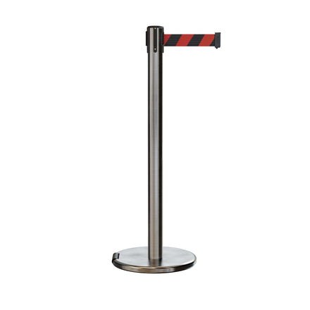 Retractable Belt Barrier Stanchion, Rolling Base, Satin Stainless Steel Post, 9 ft Belt - Montour Line ME630