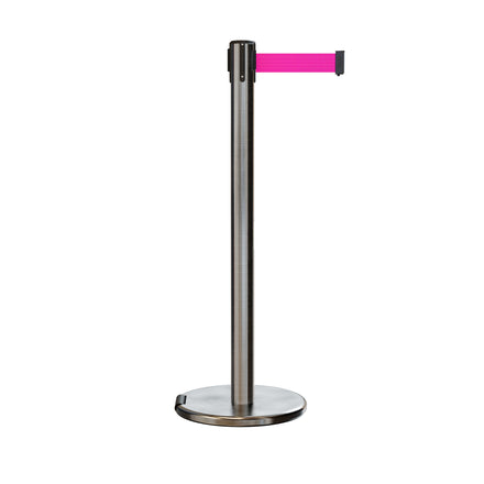 Retractable Belt Barrier Stanchion, Rolling Base, Satin Stainless Steel Post, 9 ft Belt - Montour Line ME630
