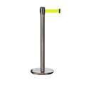 Retractable Belt Barrier Stanchion, Rolling Base, Satin Stainless Steel Post, 9 ft Belt - Montour Line ME630