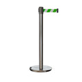 Retractable Belt Barrier Stanchion, Rolling Base, Satin Stainless Steel Post, 9 ft Belt - Montour Line ME630