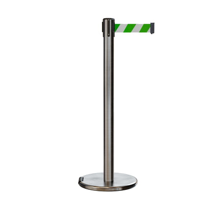 Retractable Belt Barrier Stanchion, Rolling Base, Satin Stainless Steel Post, 11 ft Belt - Montour Line ME630