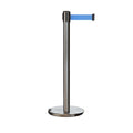 Retractable Belt Barrier Stanchion, Rolling Base, Satin Stainless Steel Post, 9 ft Belt - Montour Line ME630
