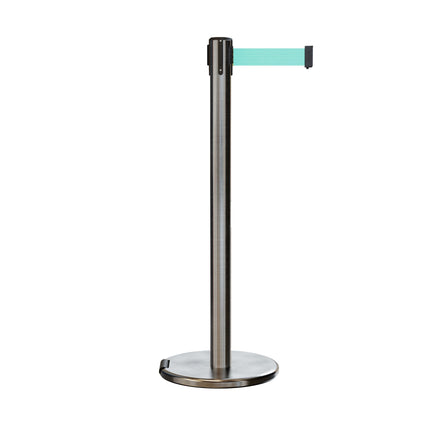 Retractable Belt Barrier Stanchion, Rolling Base, Satin Stainless Steel Post, 9 ft Belt - Montour Line ME630