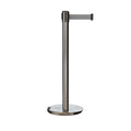 Retractable Belt Barrier Stanchion, Rolling Base, Satin Stainless Steel Post, 9 ft Belt - Montour Line ME630