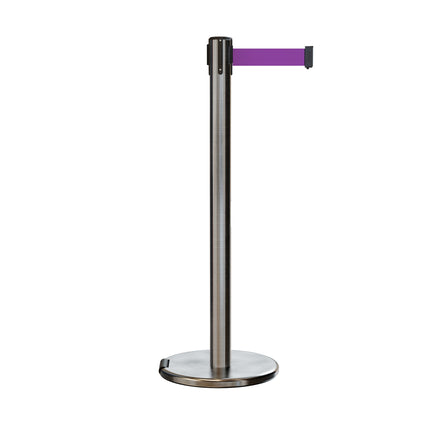 Retractable Belt Barrier Stanchion, Rolling Base, Satin Stainless Steel Post, 9 ft Belt - Montour Line ME630
