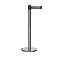 Retractable Belt Barrier Stanchion, Rolling Base, Satin Stainless Steel Post, 9 ft Belt - Montour Line ME630