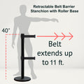 Retractable Dual Belt Barrier Stanchion, Rolling Base, Black Steel Post, 11 ft Belt - Montour Line ME630D