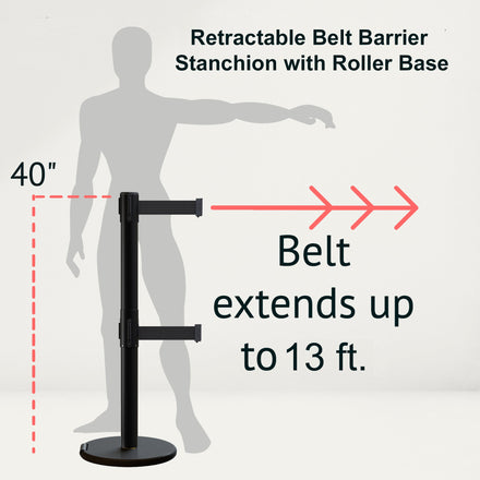 Retractable Dual Belt Barrier Stanchion, Rolling Base, Black Steel Post, 13 ft Belt - Montour Line ME630D