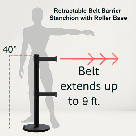 Retractable Dual Belt Barrier Stanchion, Rolling Base, Black Steel Post, 9 ft Belt - Montour Line ME630D