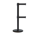 Retractable Dual Belt Barrier Stanchion, Rolling Base, Black Steel Post, 13 ft Belt - Montour Line ME630D