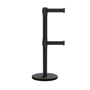Retractable Dual Belt Barrier Stanchion, Rolling Base, Black Steel Post, 13 ft Belt - Montour Line ME630D