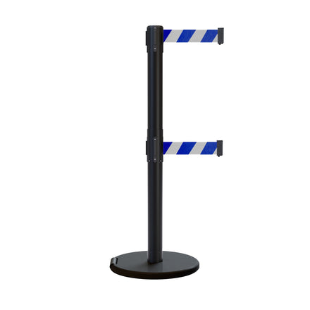Retractable Dual Belt Barrier Stanchion, Rolling Base, Black Steel Post, 13 ft Belt - Montour Line ME630D