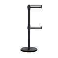 Retractable Dual Belt Barrier Stanchion, Rolling Base, Black Steel Post, 13 ft Belt - Montour Line ME630D