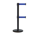 Retractable Dual Belt Barrier Stanchion, Rolling Base, Black Steel Post, 13 ft Belt - Montour Line ME630D