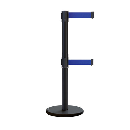 Retractable Dual Belt Barrier Stanchion, Rolling Base, Black Steel Post, 13 ft Belt - Montour Line ME630D