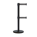 Retractable Dual Belt Barrier Stanchion, Rolling Base, Black Steel Post, 13 ft Belt - Montour Line ME630D