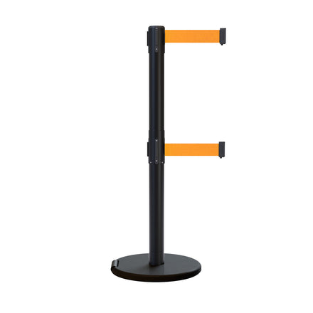 Retractable Dual Belt Barrier Stanchion, Rolling Base, Black Steel Post, 13 ft Belt - Montour Line ME630D