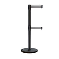 Retractable Dual Belt Barrier Stanchion, Rolling Base, Black Steel Post, 13 ft Belt - Montour Line ME630D